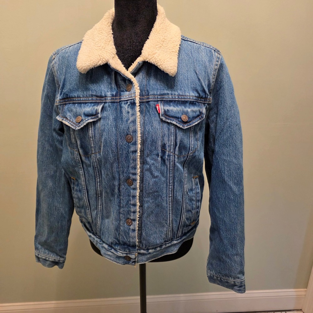 Levis Sherpa Lined Trucker Jacket Denim Blue Faux Fur Coat Mens Large